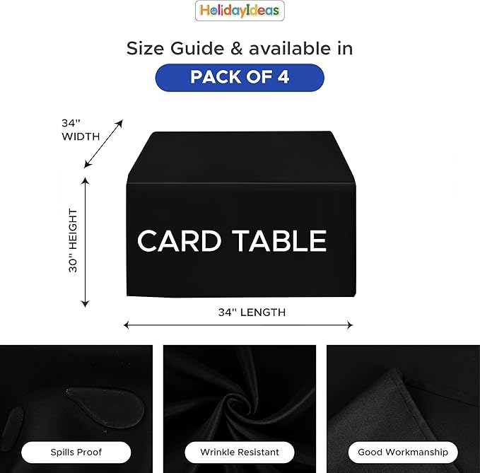 HolidayIdeas Card Table Covers Fitted Square 34x34 Inch, Wrinkle Resistant Washable Black Square Tablecloth 3 Ft for Folding Table Set of 4
