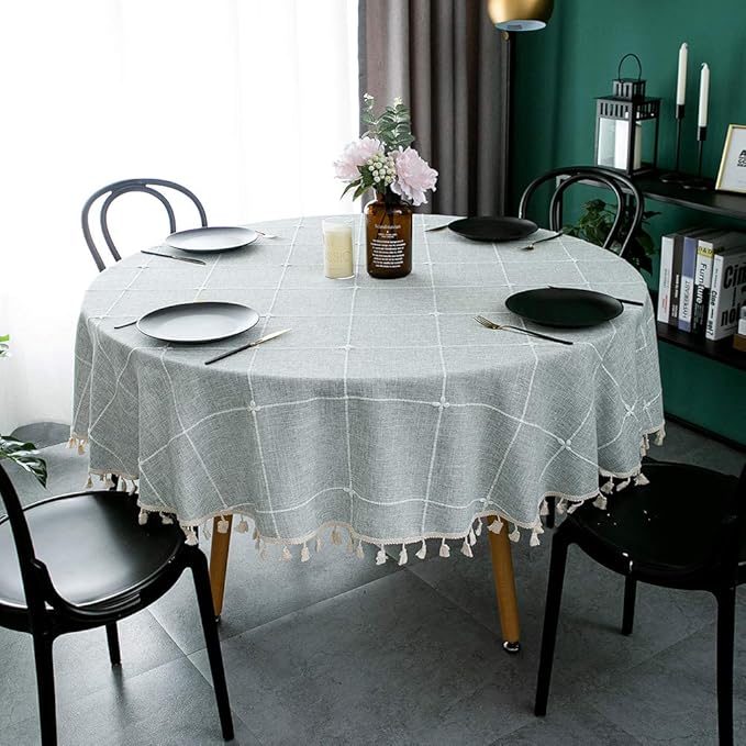 ColorBird Solid Embroidery Lattice Tablecloth Cotton Linen Dust-Proof Gray Table Cover for Kitchen Dinning 70 Inch Round Tablecloth