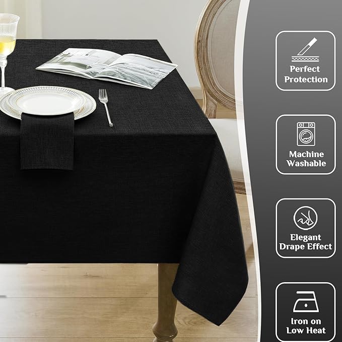 Softalker Large Black Rectangular Table Cloths 60x104 inch Faux Linen Tablecloth Outdoor Waterproof Stain and Wrinkle Resistant Table Cover for 6/8 Foot Rectangle Dining Tables for Party Graduation