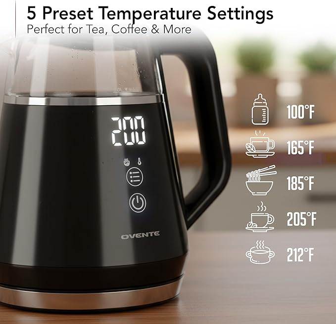 OVENTE 1L Small Electric Kettle with 5 Temperature Preset, Digital Display, 5Hr Keep Warm, Auto Shut-Off, Double-Wall Cool Touch Exterior, Borosilicate Glass,1500W BPA Free Water Boiler, Black KD95B
