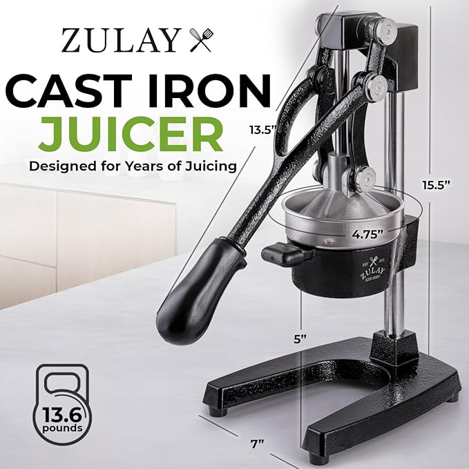 Zulay Kitchen Cast Iron Juicer - Easy-to-Clean Heavy-Duty Manual Juicer, Professional Citrus Juicer - Stainless Steel Lemon Squeezer - Manual Citrus Press & Orange Squeezer - Orange Juicer (Black)