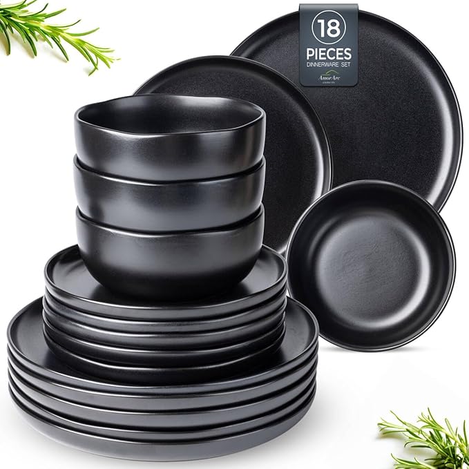 AmorArc Ceramic Dinnerware Sets, Wavy Rim Stoneware Plates and Bowls Sets,Dishwasher & Microwave & Oven Safe Dishes set, Service for 6 (18pc)-Matte Black