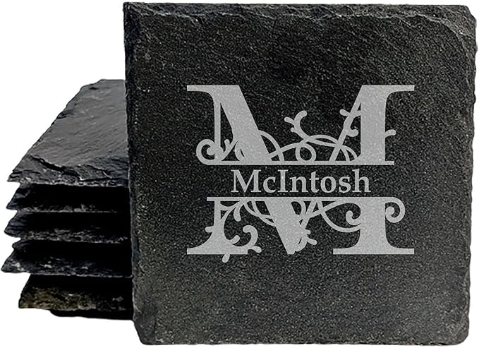 Nature's Touch: Personalized Slate Coasters with Vine Monogram - Square Slate - Set of 4