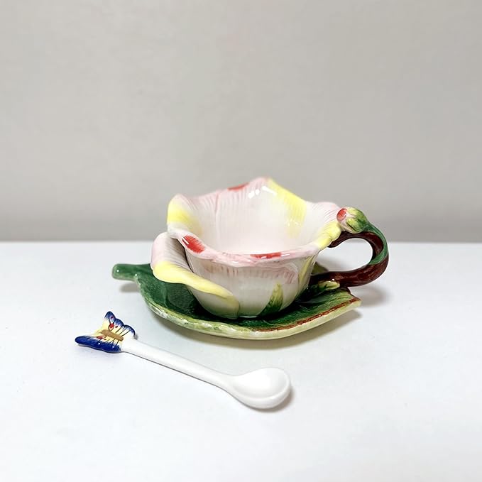 Ceramic Tea Cup and Saucer Set ，6OZ 3D Hand-Painted Flower and Lotus Leaf Coffee Mug，Gift for Women- Champagne Rose