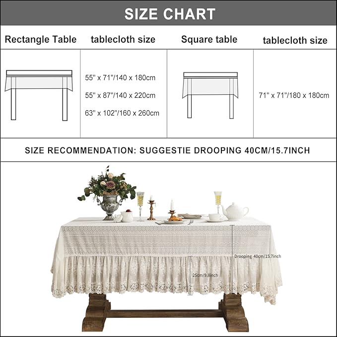 patdrea Vintage White Lace Tablecloth,Design Embroidered Cotton Ruffle Table Cloth for Rectangle Table,Elegant Rustic Fabric Decorations for Wedding Party Thanksgiving Christmas 63"*94"