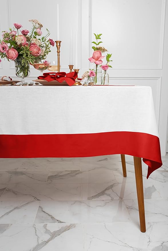 Solino Home Linen Tablecloth for Rectangle Tables 60 x 108 Inch - 100% Pure Linen Red and White Table Cloth - Contempo, Machine Washable Cloth Tablecloth for Valentines