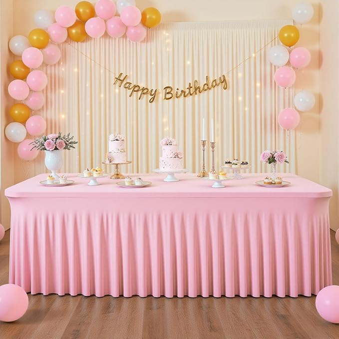 2 Pack Pink 6FT Rectangle Spandex Tablecloths, Stretch Fitted Table Covers for 6 Foot Tables, Wrinkle Free Table Skirts for Wedding Party Birthday Banquet Baby Shower