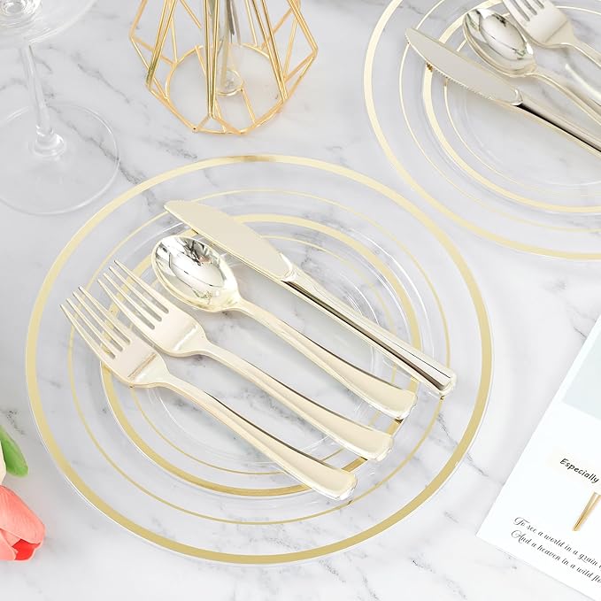 BESTVIP 600PCS Clear Gold Plastic Plate Set (100 Guests), Plastic Plates for Party Wedding Birthday, Disposable Dinnerware Set of 200 Plates, 200 Forks, 100 Spoons, 100 Knives for Christmas