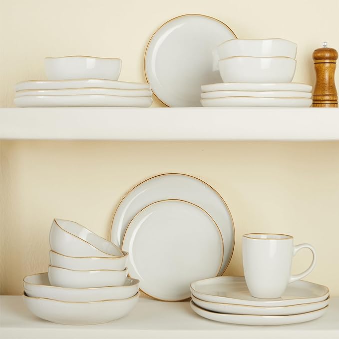 24 Pieces Dinnerware Set for 6 with Pasta Bowls, Complete Ceramic Dish Set, Stackable & Glossy Stoneware Plate and Bowl Set for Effortless Everyday Hosting, White