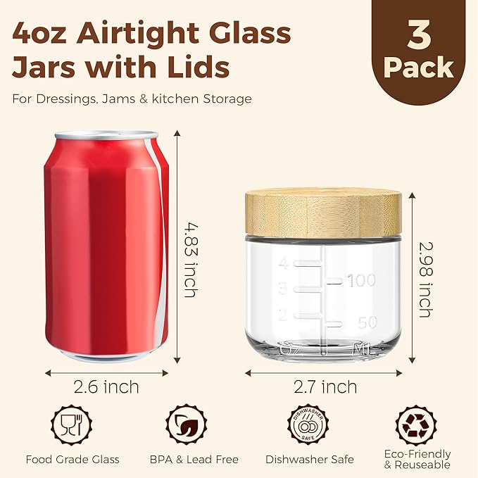 4oz Glass Salad Dressing Containers with Bamboo Lids - 3 Pack Small Airtight Condiment Cups, Leakproof Mini Sauce Jars for Picnic, Ketchup, Dip & Snacks, BPA-Free & Dishwasher Safe