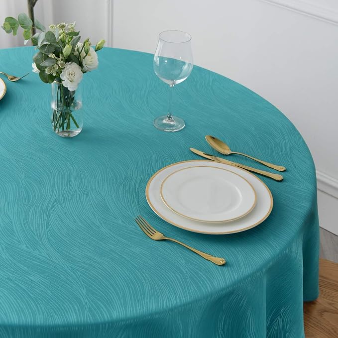 maxmill Round Jacquard Tablecloths Swirl Design Spillproof Wrinkle Free Water Proof Heavy Weight Soft Table Cloth for Circular Table of Buffet Banquet Parties Holiday Dinner Round 90 Inch Teal