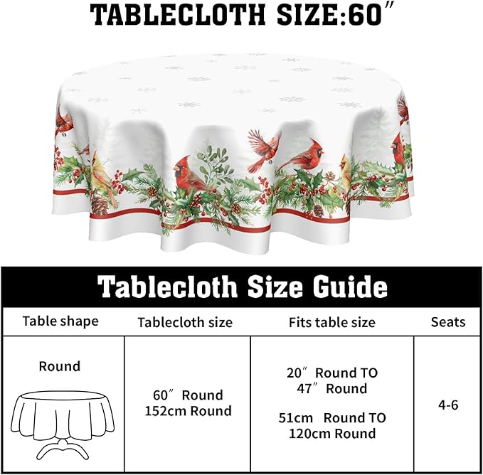 Christmas Round Tablecloth 60 Inch Winter Holiday Red Bird Holly Leaf Circle Table Cloth Xmas Snowflake Theme Table Cover for Kitchen Dinner Home Decor