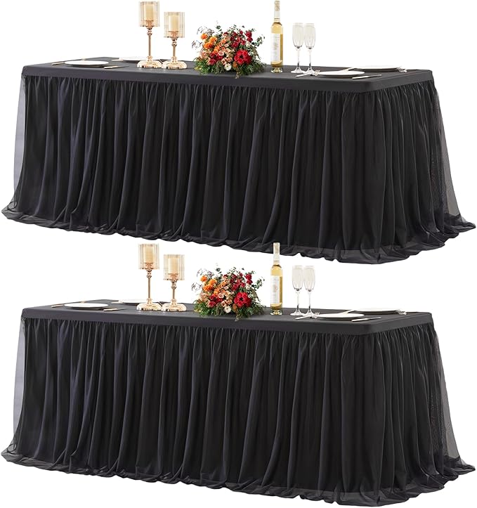 2 Pack Black Tulle Tablecloths for 8 Foot Rectangular Tables, 8ft Black Rectangle Table Cloths, Wrinkle Free Table Cover with Tutu Skirt for Wedding Birthday Party Banquet Buffet Event Decorations