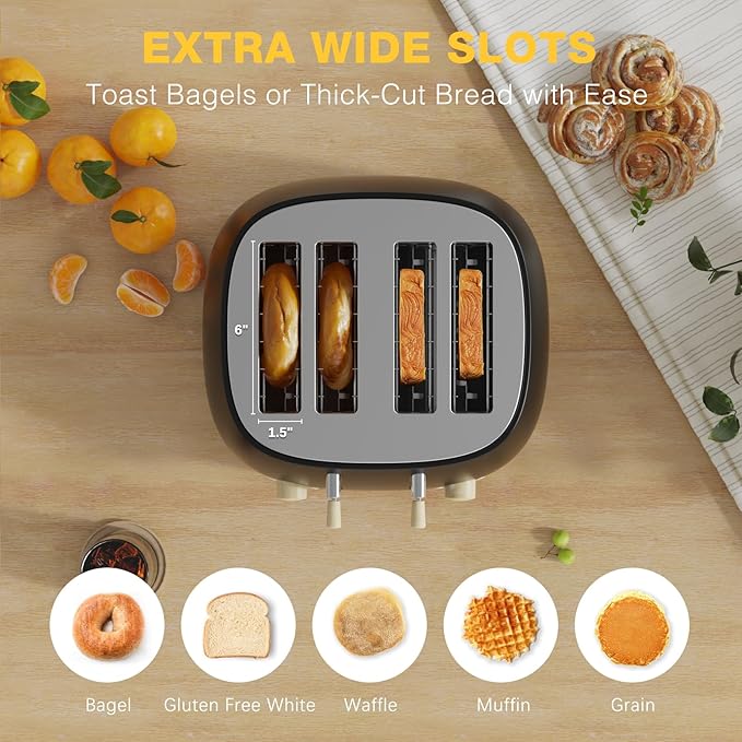 Toaster 4 Slice,Retro Stainless Steel Toaster with Extra Wide Slots, Dual Independent Control Panel, Cancel, Bagel, Defrost Function, Removable Crumb Tray, Matt Black