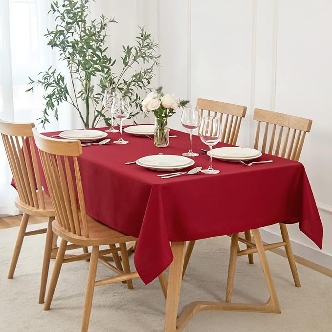 maxmill Rectangle Slubby Textured Tablecloth Waterproof Spillproof Wrinkle Free Table Cloth, Kitchen Dining Tabletop Decoration Fabric Table Cover for Christmas Holiday Dinner, 52 x 70 Inch, Red