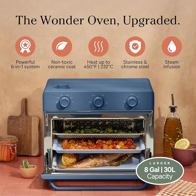 Our Place Large Wonder Oven | 6-in-1 Stainless Steel Air Fryer Toaster Oven Combo with Basket, Rack, Pan & Tray | 3-Rack, 32 QT, Large Capacity - Toast, Roast, Bake, Reheat, Broil & Steam | Blue Salt