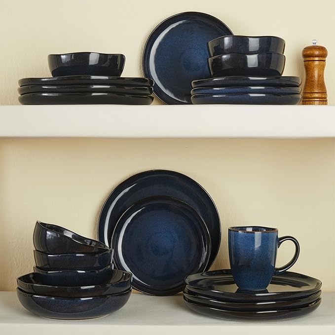 24 Pieces Dinnerware Set for 6 with Pasta Bowls, Complete Ceramic Dish Set, Stackable & Glossy Stoneware Plate and Bowl Set for Effortless Everyday Hosting, Starry Blue