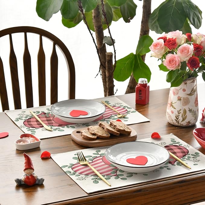 Artoid Mode Pink Hearts Love Eucalyptus Valentine Placemats Set of 4, 12x18 Inch Anniversary Table Mats for Party Kitchen Dining Decoration