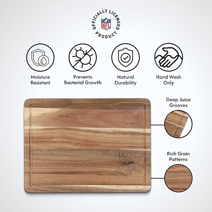 The Memory Company Officially Licensed NFL Acacia Cutting Board – 11.7" x 15.7" Durable Wood Chopping & Serving Board with Team Logo