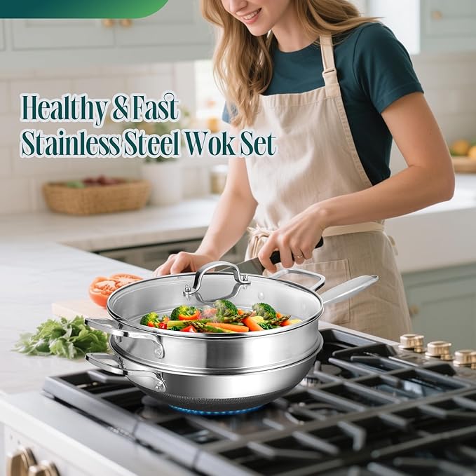 AOSION Hybrid 13 inch Stainless Steel Wok with Steamer, PFOA Free Cookware, Nonstick Wok Pan & Stir-Fry Pans with Lid and Draining Mat, Works on Induction, Dishwasher & Oven Safe
