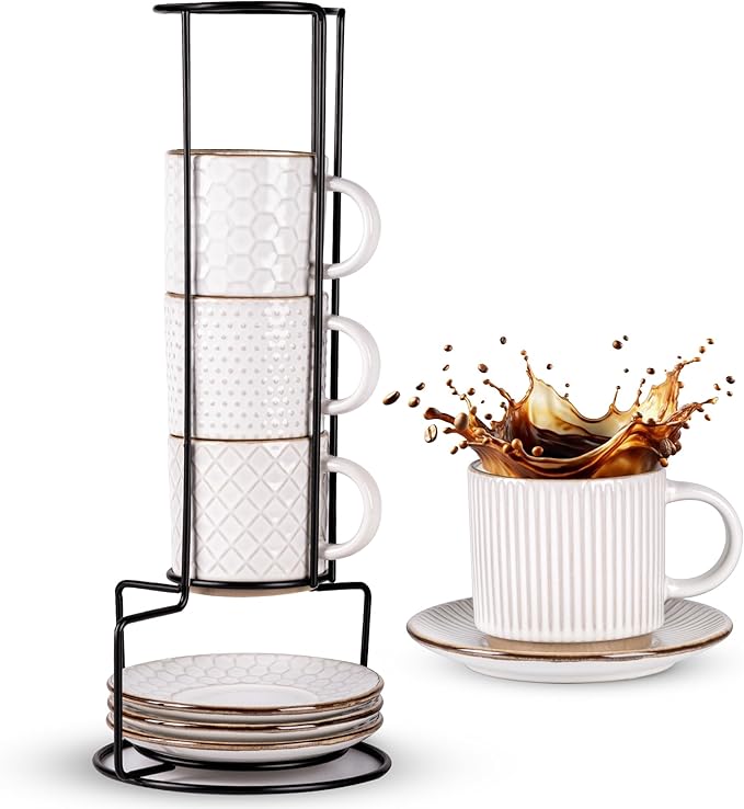 GBhome 6OZ Stackable Coffee Mugs with Stand and Saucer, Ceramic Coffee Mugs Set of 4 with Texture Patterns for Man,Woman,Dad,Mom, Modern Coffee Cups for Latte/Espresso. Dishwasher&Microwave Safe