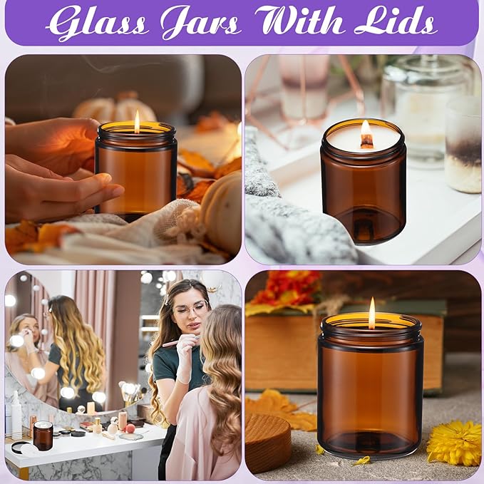 12 Pcs 8 oz Glass Jars with Lids, Clear Candle Jars with Black Lids Round Empty Candles Container Tins for Candle Making Storing Lotions Spice Powder Liquid Sample Makeup (Amber)
