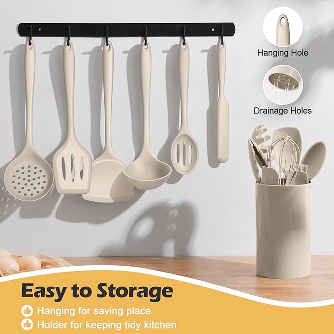 15-Piece Kitchen Cooking Utensils Set with Holder, Homikit Heat Resistant Food Grade Silicone Kitchen Utensils include Slotted Spatula Ladle Turner for Nonstick Cookware, Dishwasher Safe- Khaki
