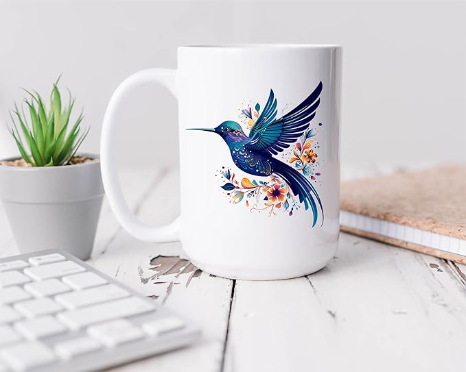 C M Hummingbird Ceramic Coffee Mug - 15 oz - Unique Bird Themed Gift for Bird Lovers for Women and Men (Style H1)