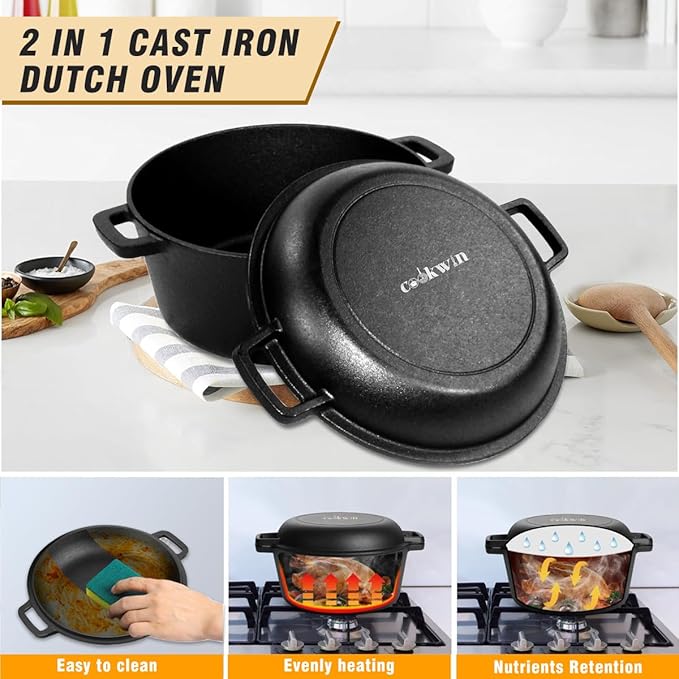 2-in-1 Cast Iron Double Dutch Oven, 5.5 Quart Pre-Seasoned and Dual Handles Skillet Pot Set for Bread Baking, Camping, Frying - Oven, Grill, Campfire and Stovetop Safe, Black