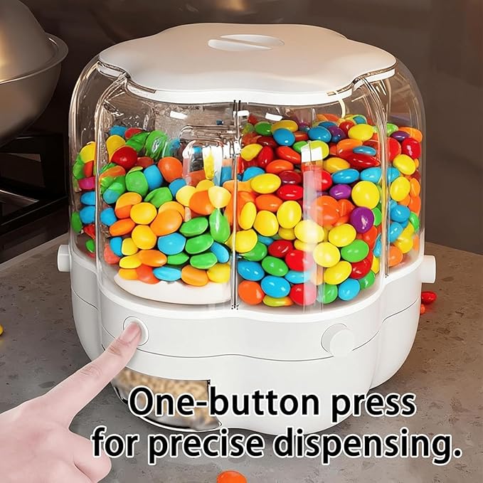 360° Rotating Candy & Grain Dispenser with 6 Compartments, One-Click Dry Food Cereal Dispenser, Large Capacity Transparent Storage Container for Rice, Grains, Nuts & Snacks (Dark green, B)
