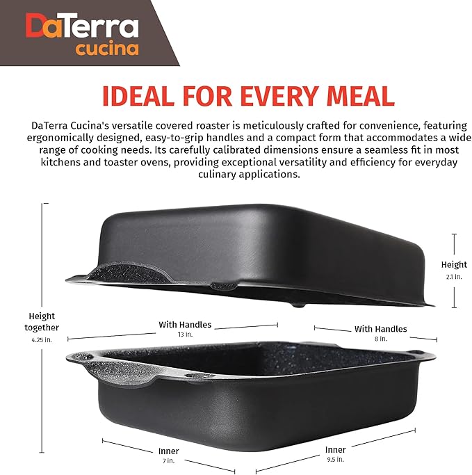 DaTerra Cucina - 13" Nonstick Ceramic Coated Dual Roasting Pan Set – 2 Identical Pans, Oven Safe, Ideal for Roasting, Baking, Searing, Braising, Casseroles, Fits Most Toaster Ovens
