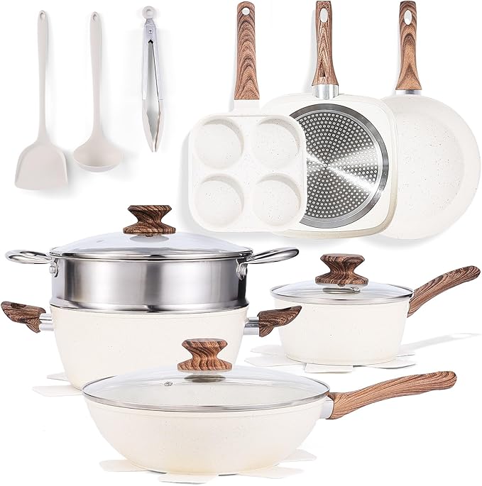 NEWBULIG 17-Piece Nonstick & Non-Toxic Pots and Pans Set, Cookware with Stay-Cool Handles, Induction Compatible, Cream White