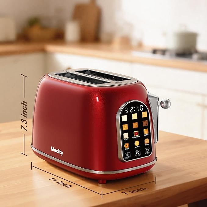 Mecity Toaster 2 Slice, Touch Screen Wide Slot Retro Toaster For Breads Bagel Muffin Waffle, House Warming Gift New Home, 120V 825W, Red Pearl