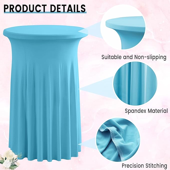 Qubjus 2 Pack Round Cocktail Table Covers with Skirt Stretch Spandex Tablecloth 24"x43" Cocktail Round Tablecloth for Party Wedding Birthday Banquet, Azure