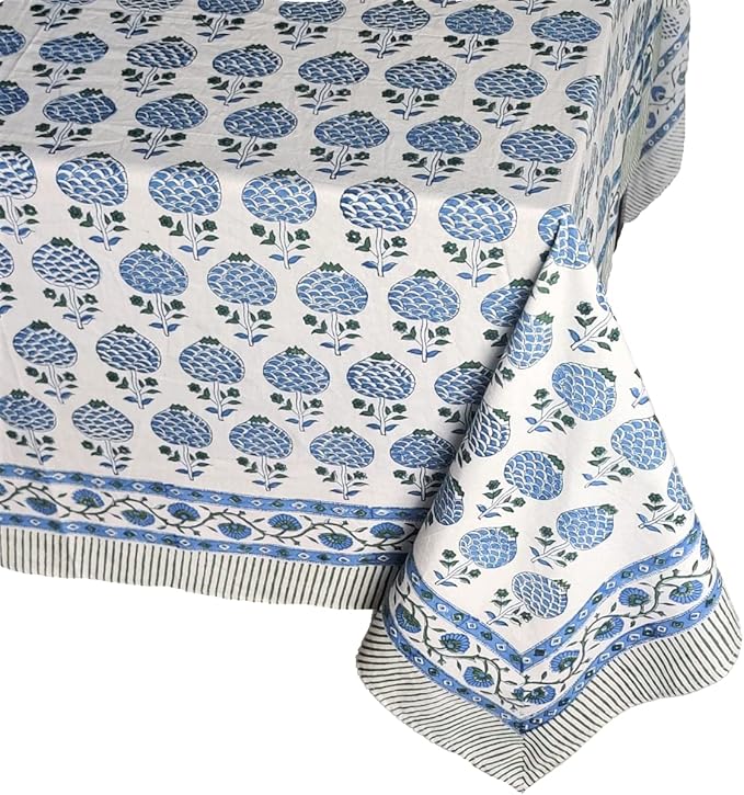 ATOSII Roma Blue 100% Cotton Rectangle Fall Tablecloth, Handblock Floral Print Linen Table Cloth for Kitchen Dining I Parties Outdoors Weddings Holidays I 72 X 140 Inches I 12 Seater