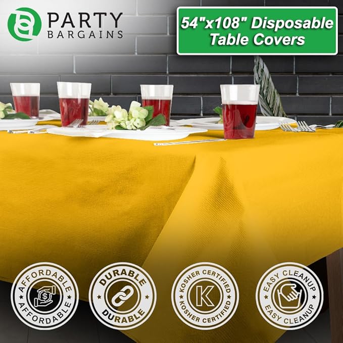 PARTY BARGAINS Disposable Table Covers, 54 x 108 Inch, Yellow, 3-Ply Paper & Plastic Spill-Resistant Party Tablecloths, 5 Pack