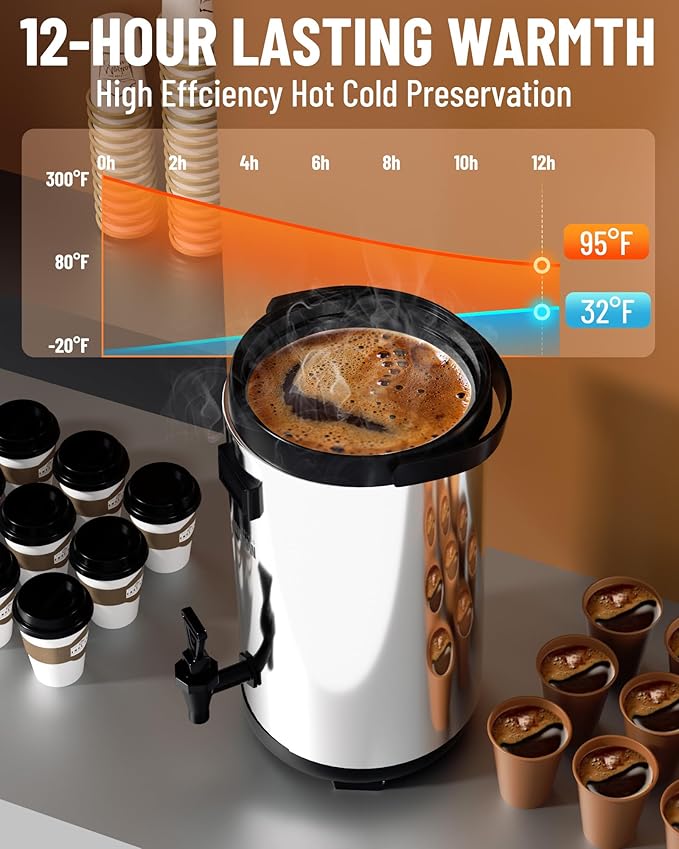 Insulated Beverage Dispenser - 8L/2.1Gal Silver Stainless Steel, Single, LCD Thermometer, Triple-Layer Insulated, Non-Electric Hot & Cold Drink Dispenser for Coffee, Tea