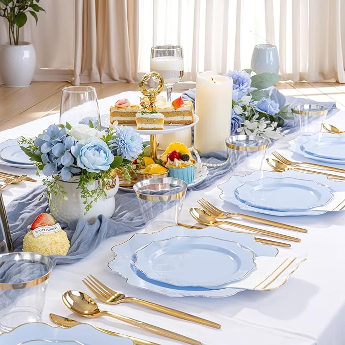 WDF 175Pcs Blue Plastic Plates - Heavy Duty Baby Blue Plates Disposable - 25Guests Plastic Dinnerware Ideal for Parties/Wedding/Baby Shower/Easter