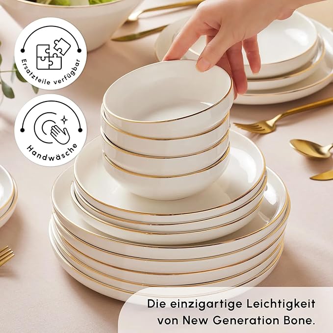 Karaca Streamline New Saturn 59-Piece Dinnerware Set for 12 People,New Generation Bone, Dinner Plates, Pasta Bowls,Salad/Cereal Bowls,Side Plates, Serving Platters,Porcelain Crockery Set, White Gold