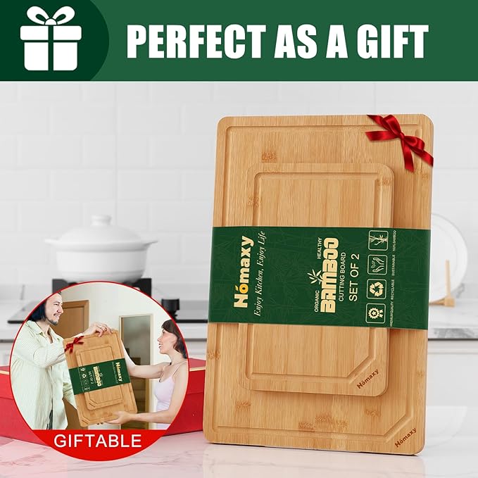 Homaxy Organic Bamboo Cutting Boards Set for Kitchen Set of 2, Wooden Cutting Board Set with Juice Groove and Handles, Charcuterie Serving Tray Wood Chopping Board Set for Meat Fruits & Vegetables
