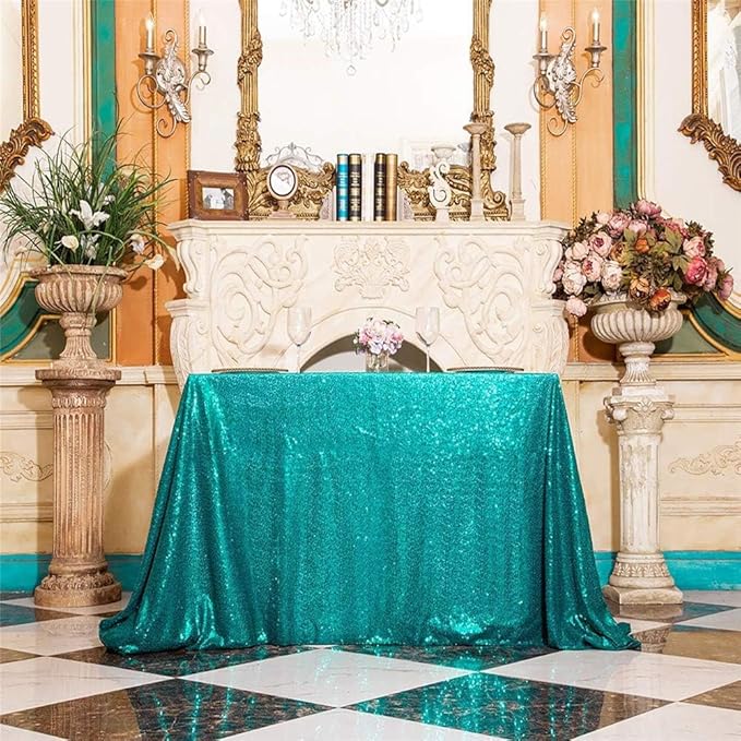 Eternal Beauty Teal Tablecloth, 60x120 Inch Sequin Rectangle Table Cover for Cake Dessert Exhibition Party Birthday Events