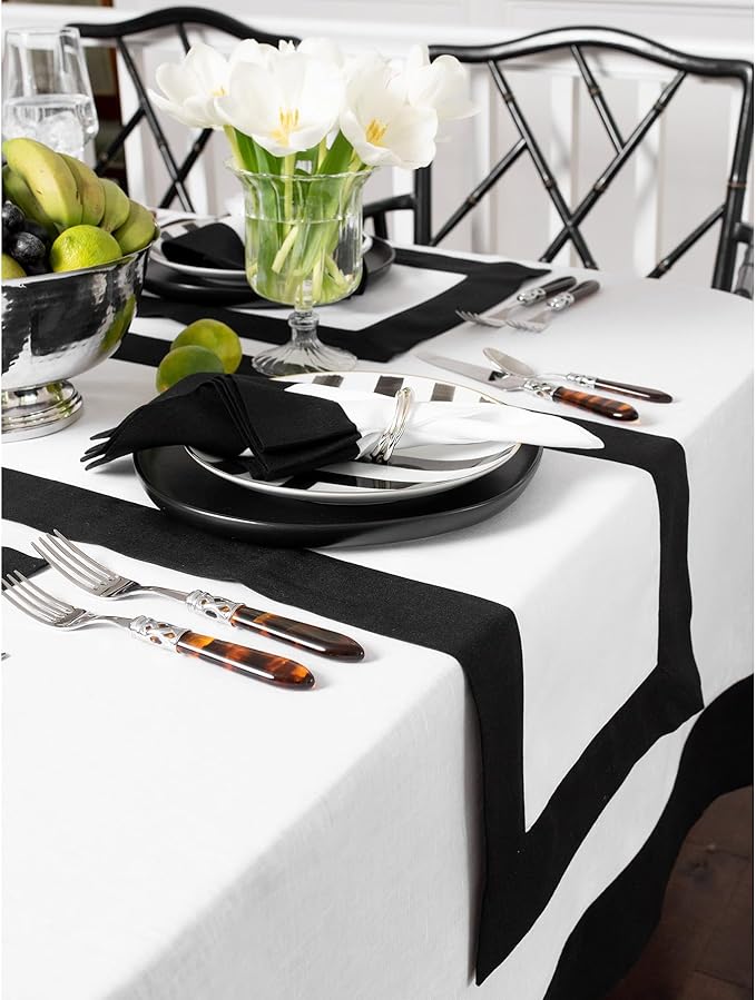 Solino Home Linen Tablecloth 60 x 90 Inch - 100% Pure Linen Black and White Tablecloth for Rectangle Tables - Contempo, Machine Washable Table Cloth for Winter, Spring, Easter