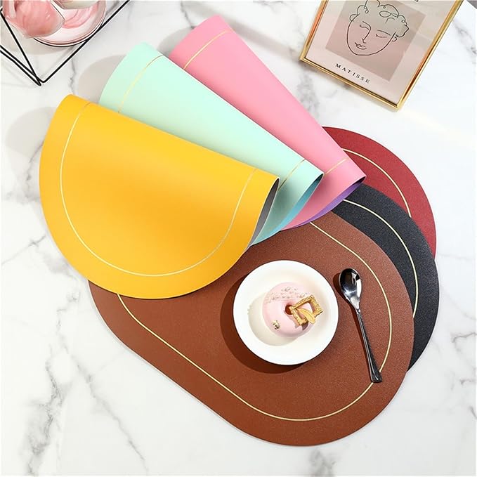 Ellipse Two-Sided Placemat Tableware Pad Table Mat Heat Insulation PU Leather Placemats Bowl Coaster Kitchen Non-Slip(Dark Green)