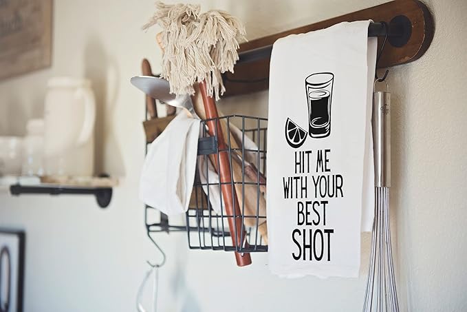 Handmade Funny Kitchen Towel - 100% Cotton Funny Shot Glass Bar Towel for Kitchen - 28x28 Inch Perfect for Hostess Housewarming Christmas Mother’s Day Birthday Gift (Hit Me with Your Best Shot)