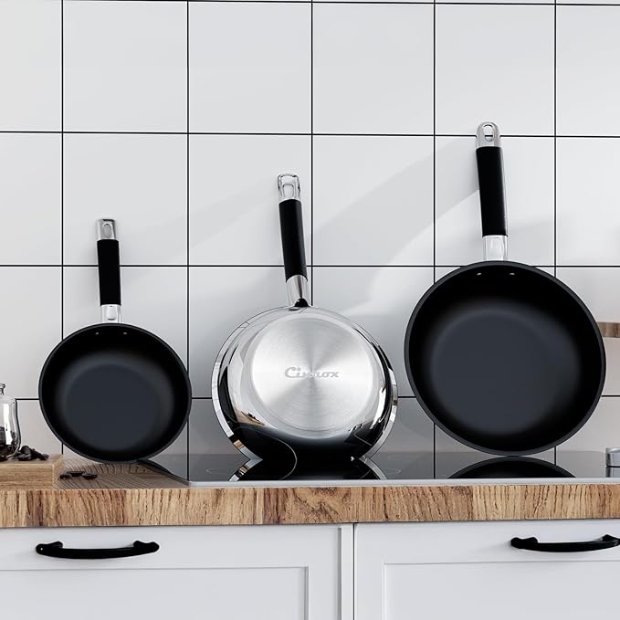 Non Stick Frying Pans, Stainless Steel Kitchen Nonstick Cookware Set of 3, 10” 11.5” 5” Pan, Compatible with All Stoves