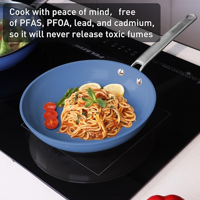 MsMk 5-Piece Ceramic Non Stick Pans Set 8, 10, 12 Inch Frying Pans, 10inch and 12 Inch with Tempered Glass Lids, Stay-Cool Handles, Oven Safe 700℉, Compatible with All Cooktops