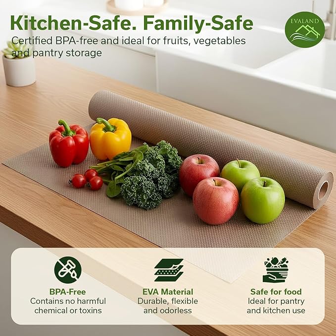 EVALAND Shelf Liners for Kitchen Cabinets Non-Adhesive 12" x 33 FT Beige Drawer Liner Non Slip, Washable Cabinet Liner, Waterproof Shelf Liners for Cabinets, Refrigerator Bathroom Pantry Cabinet Mat