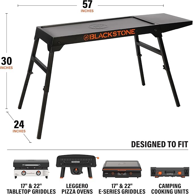 BLACKSTONE 5477 XL 17" and 22" Tabletop Griddle Stand, Adjustable Prep Table with Folding Legs and Side Shelf, Powder Coated Steel, Black