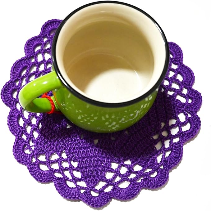 BIBITIME Handmade Crochet Round Lace Doilies Kitchen Table Placemats Wedding Tea Flower Vase Cup Mats (Dark Purple, 6" to 7",Pack of 6PCS)