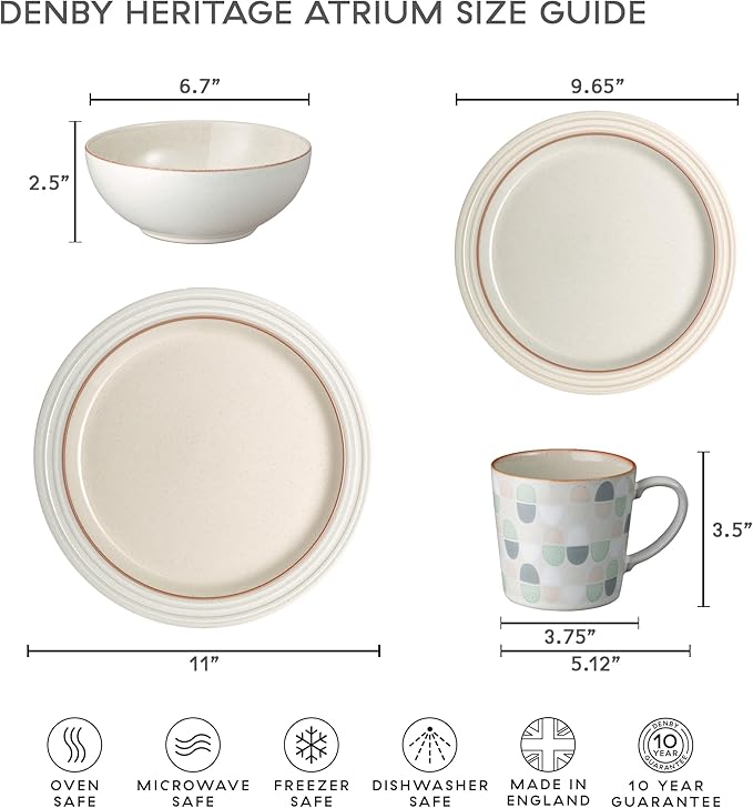 Denby - Heritage Atrium Dinner Set For 4-12 Piece Natural Ceramic Stoneware Tableware Set - Dishwasher & Microwave Safe - Scratch Resistant - 4 x Dinnerware Plates, Side Plates & Bowls For Everyday